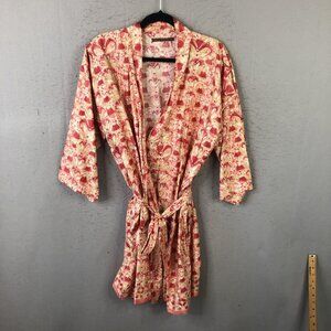 Peruvian Connection Robe Womens Medium Large Red Floral Paisley Kimono Belted